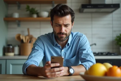 Homme pensif avec smartphone dans une cuisine moderne