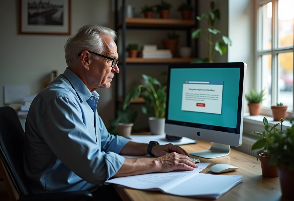 Homme d age au bureau avec ordinateur et souci de privacy