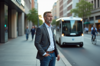 Homme d'affaires observant une voiture autonome dans la ville