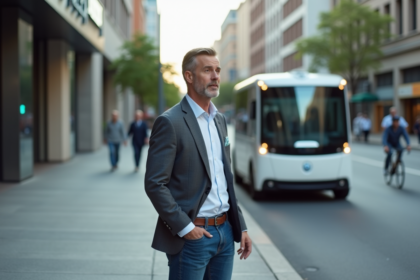 Homme d'affaires observant une voiture autonome dans la ville