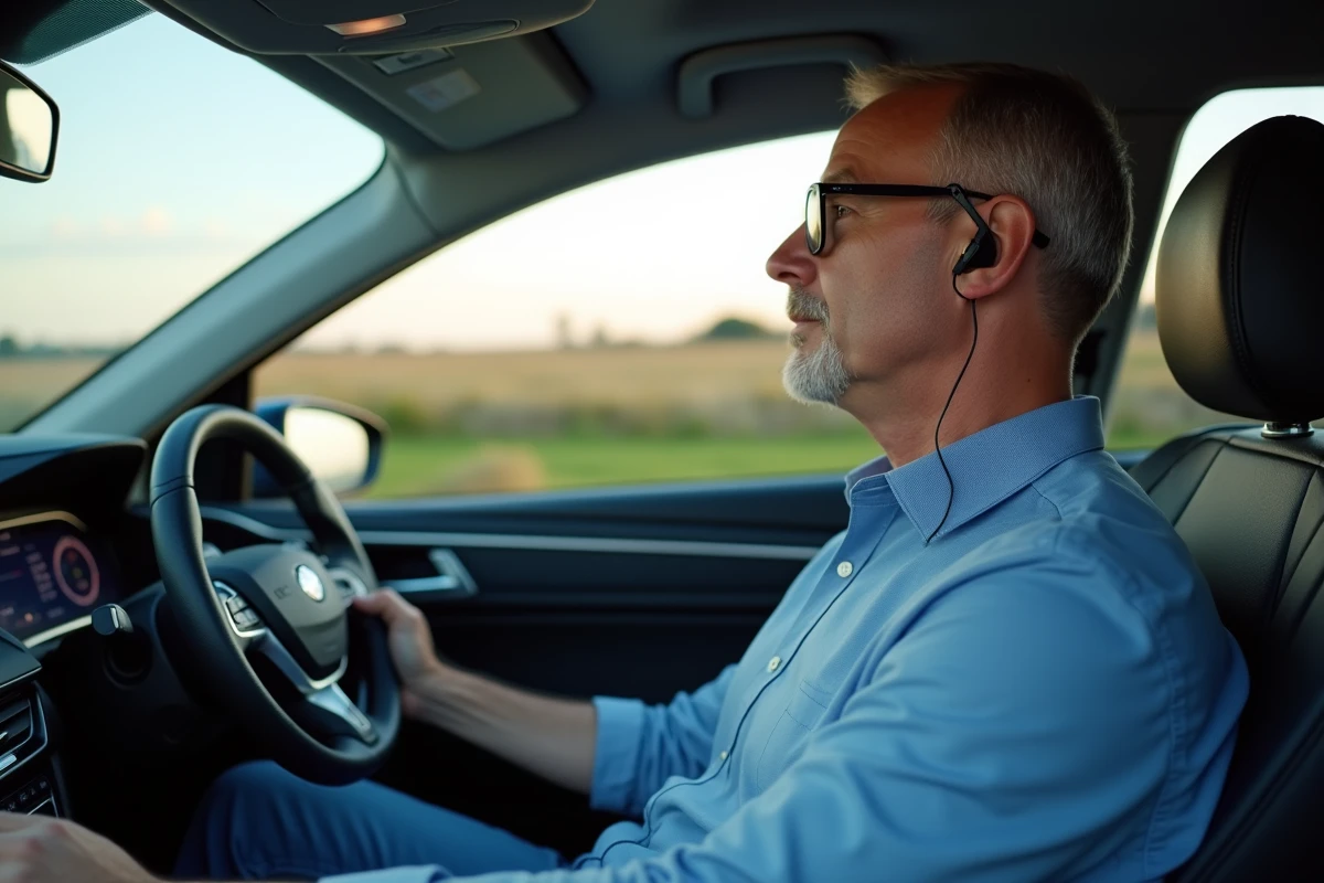 Homme en voiture écoutant un livre audio à la campagne