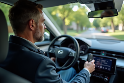 Homme dans sa voiture hybride en milieu urbain