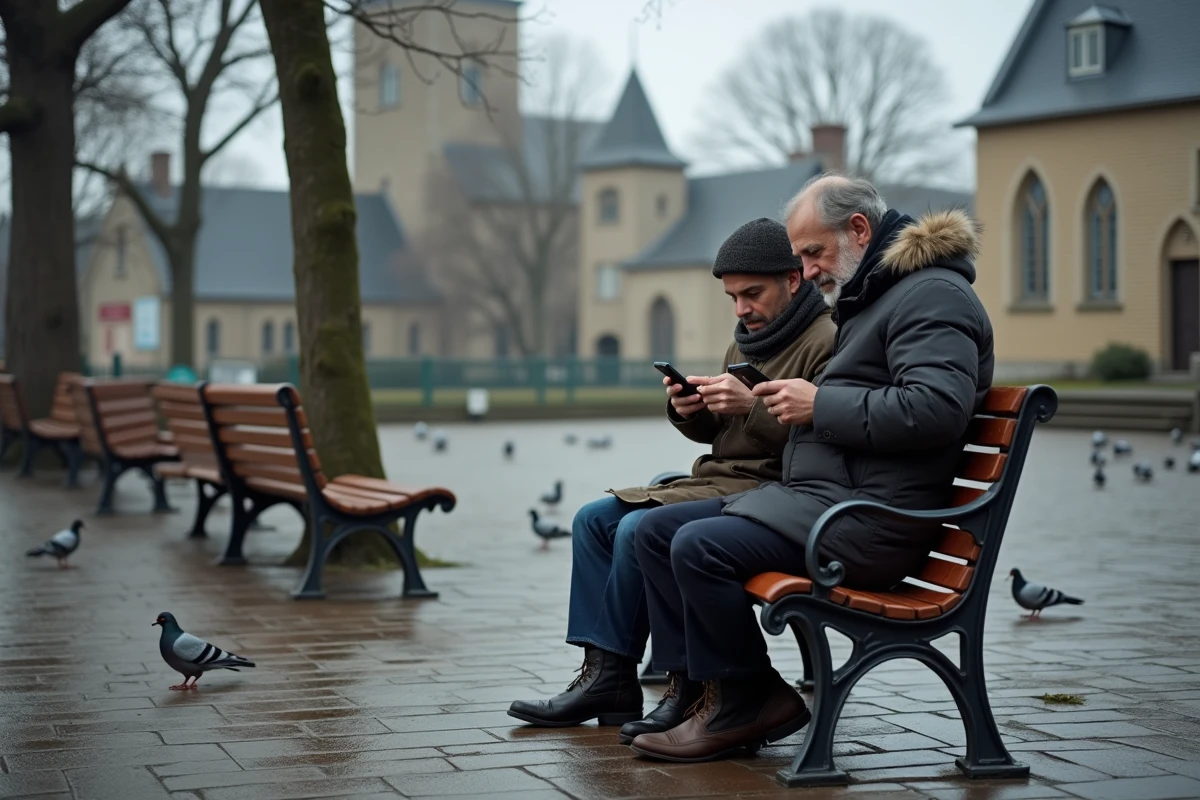 Deux hommes âgés utilisant leur smartphone dans un square à Caen