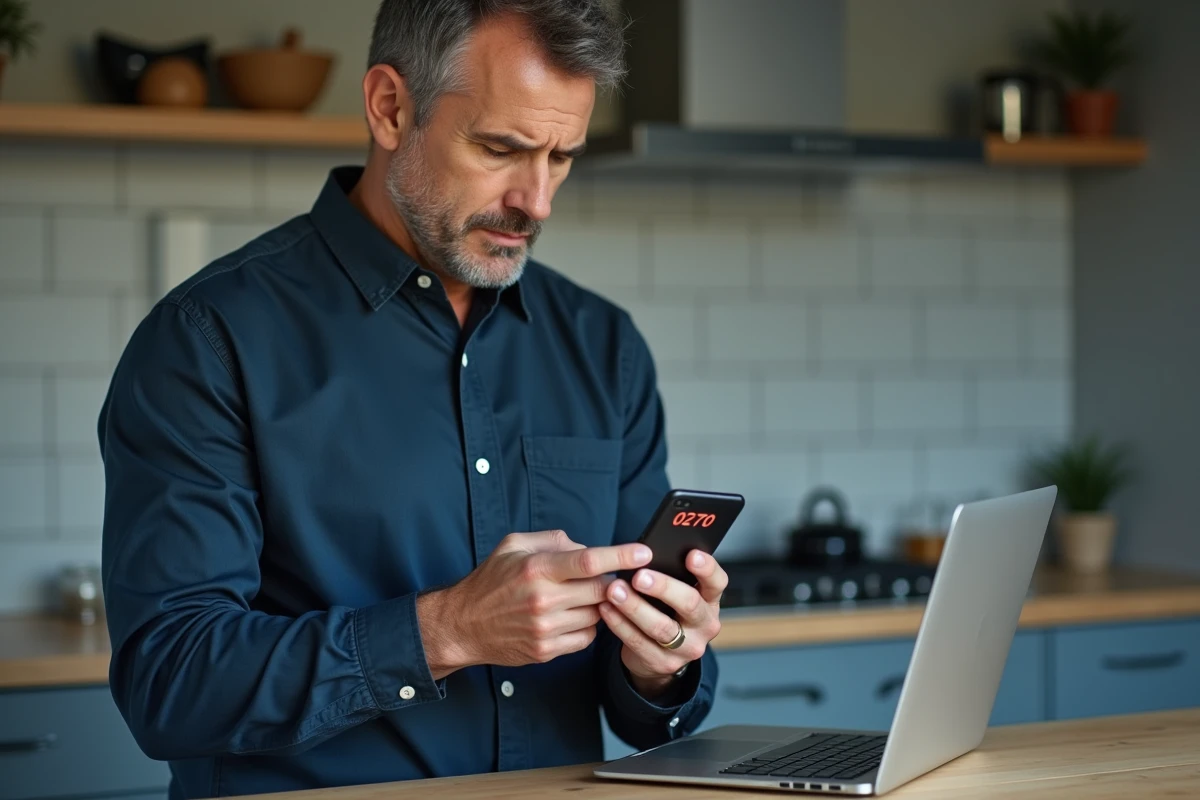 Homme consultant son ordinateur portable pour identifier un numéro 0270 surtaxé dans une cuisine moderne