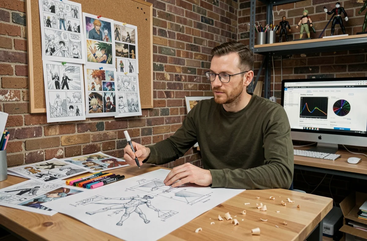 Illustrateur analysant des planches de manga One Piece dans un studio créatif avec des références épinglées au mur