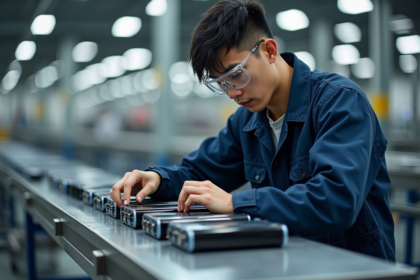 Jeune ingénieur asiatique inspectant des batteries lithium-ion