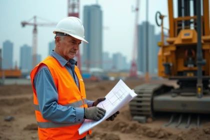 Ingénieur de chantier en sécurité près de la foreuse