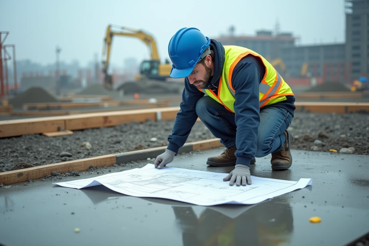 Ingénieur civil examinant des plans architecturaux sur un châssis en béton lors d'un chantier de construction
