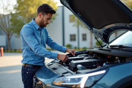 Jeune ingénieur examine une pile à hydrogène en extérieur