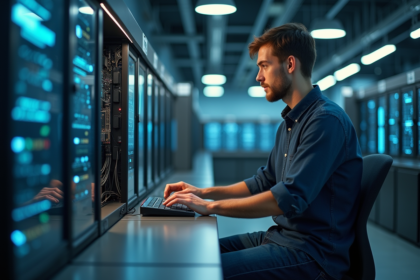 Jeune ingénieur informatique devant un ordinateur quantique