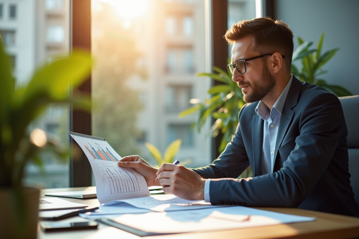 Investisseur professionnel analysant des graphiques financiers dans un bureau lumineux