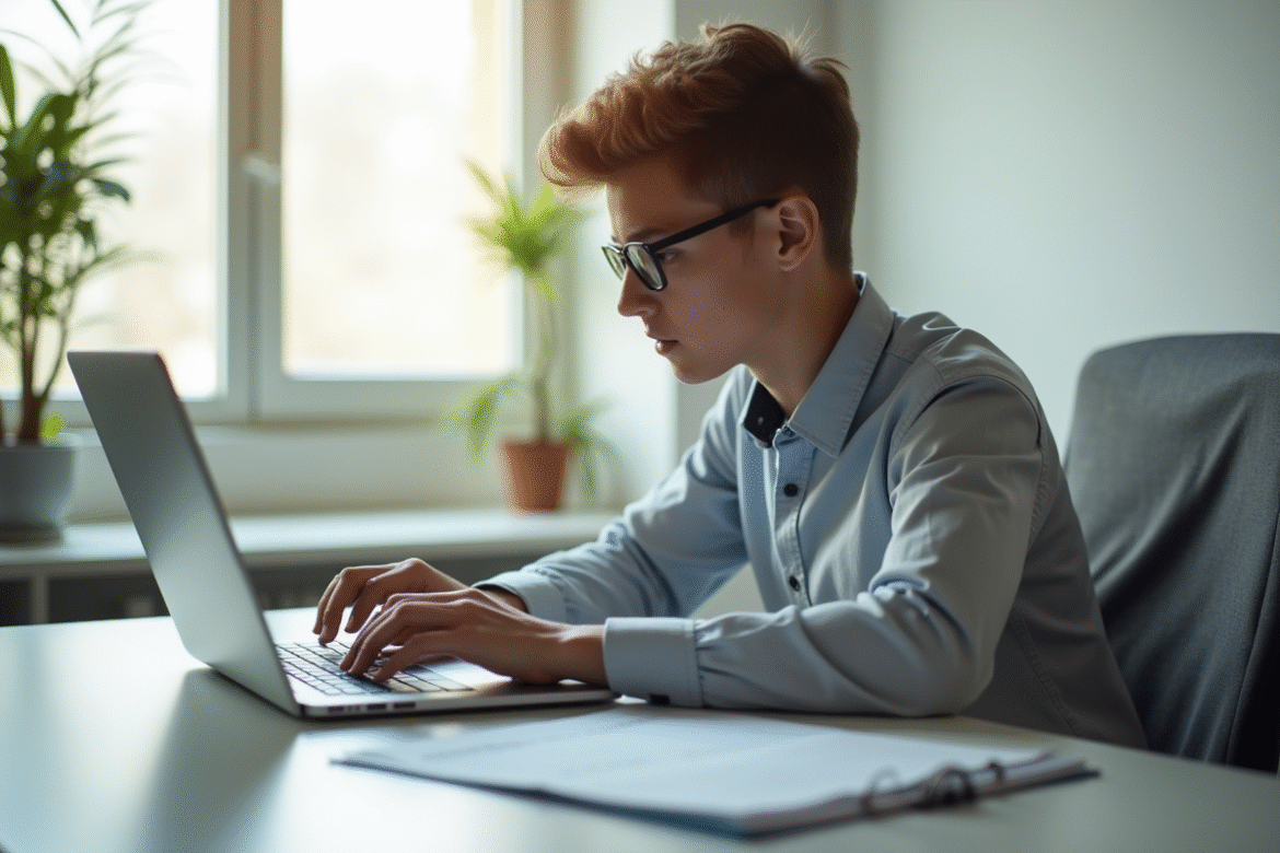 Jeune adulte utilisant un ordinateur pour démarches en ligne