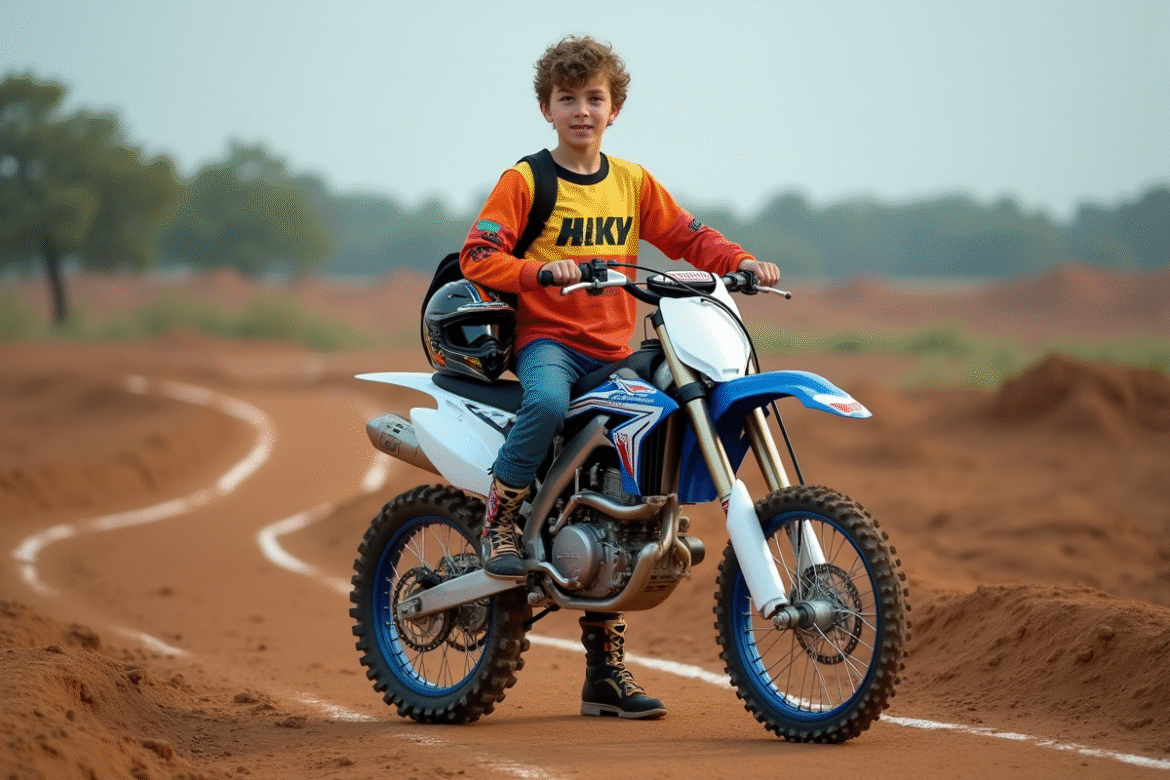 Jeune garçon en motocross avec moto sur piste extérieure