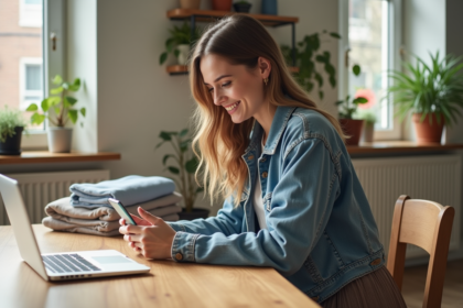 Jeune femme souriante utilisant l'application Vinted à la maison
