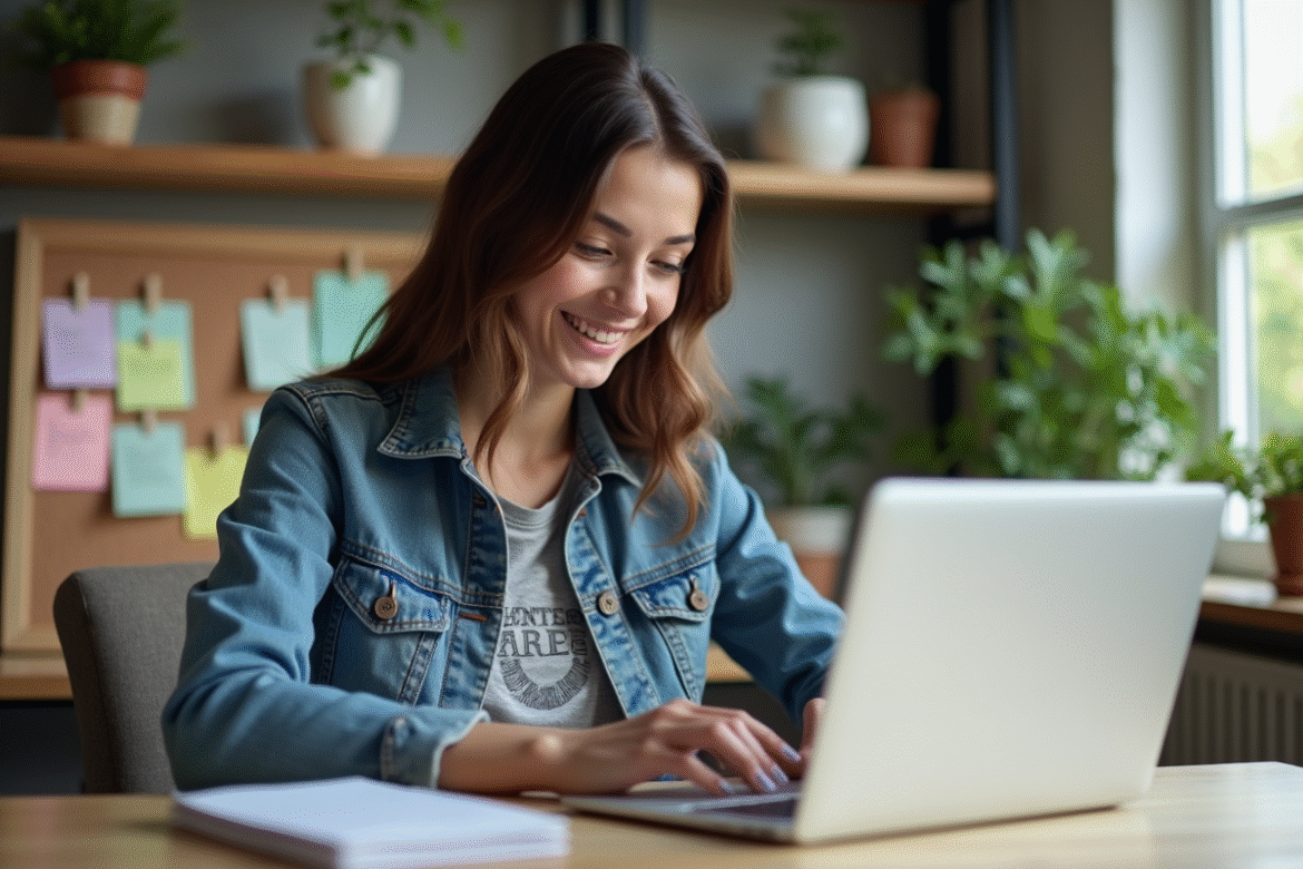 Jeune femme au bureau à domicile souriante et concentrée