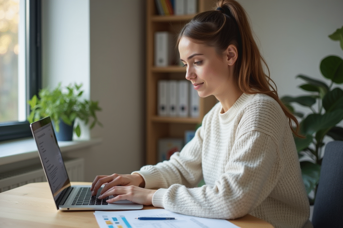 Jeune femme au bureau regardant son ordinateur portable