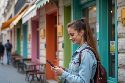 Jeune femme regardant son téléphone devant des hôtels à Lyon