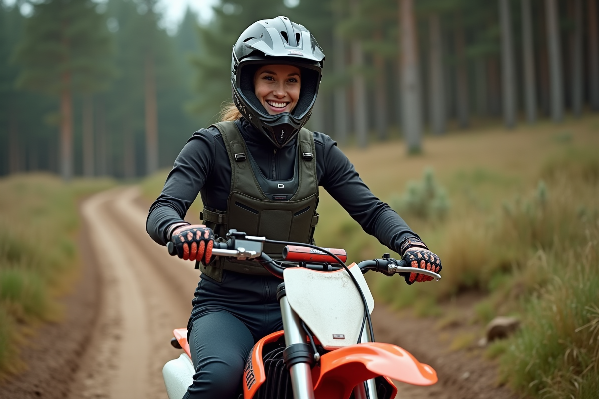 Jeune femme ajustant sa moto tout-terrain en forêt