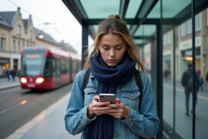 Jeune femme regardant son smartphone à un arrêt de tram à Caen