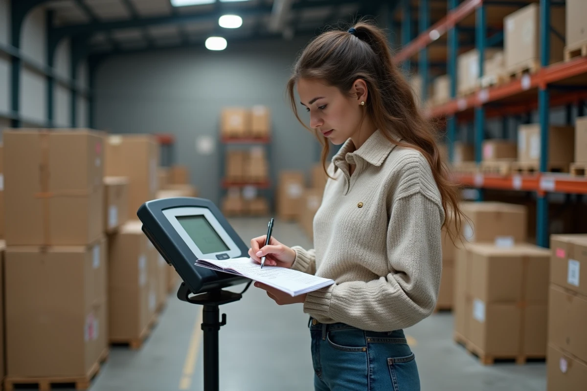 Jeune femme écrivant des calculs de conversion dans un entrepôt