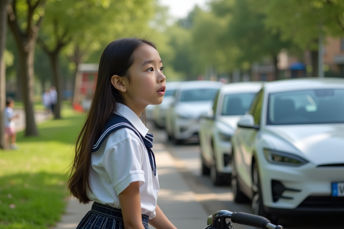 Jeune fille regardant des voitures autonomes dans un parc
