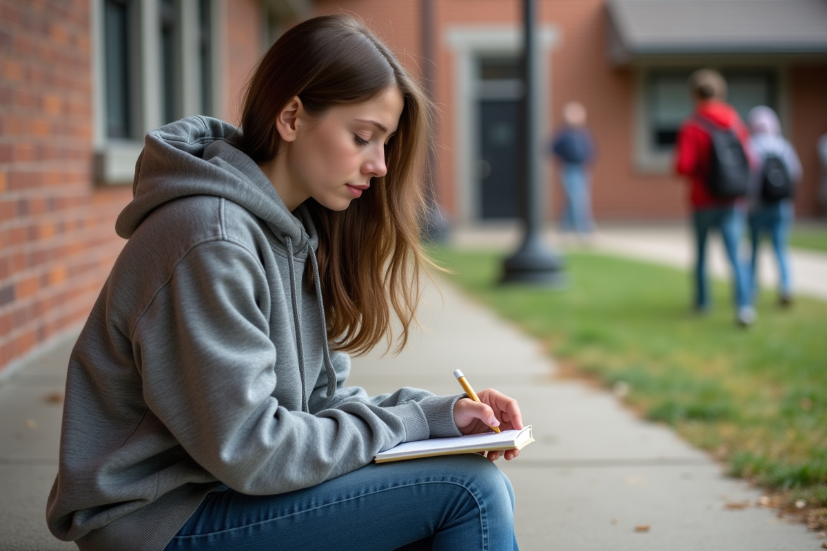Jeune étudiante assise seule dehors avec son carnet