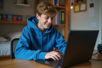 Adolescent jouant en ligne sur son ordinateur dans sa chambre