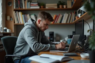 Jeune homme concentré à étudier dans un petit appartement urbain
