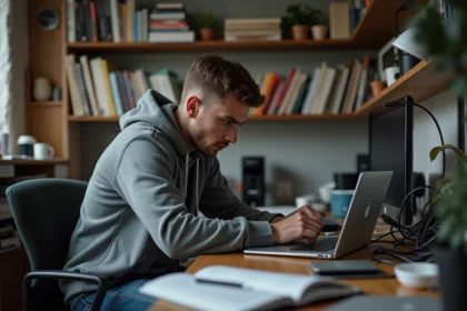 Jeune homme concentré à étudier dans un petit appartement urbain