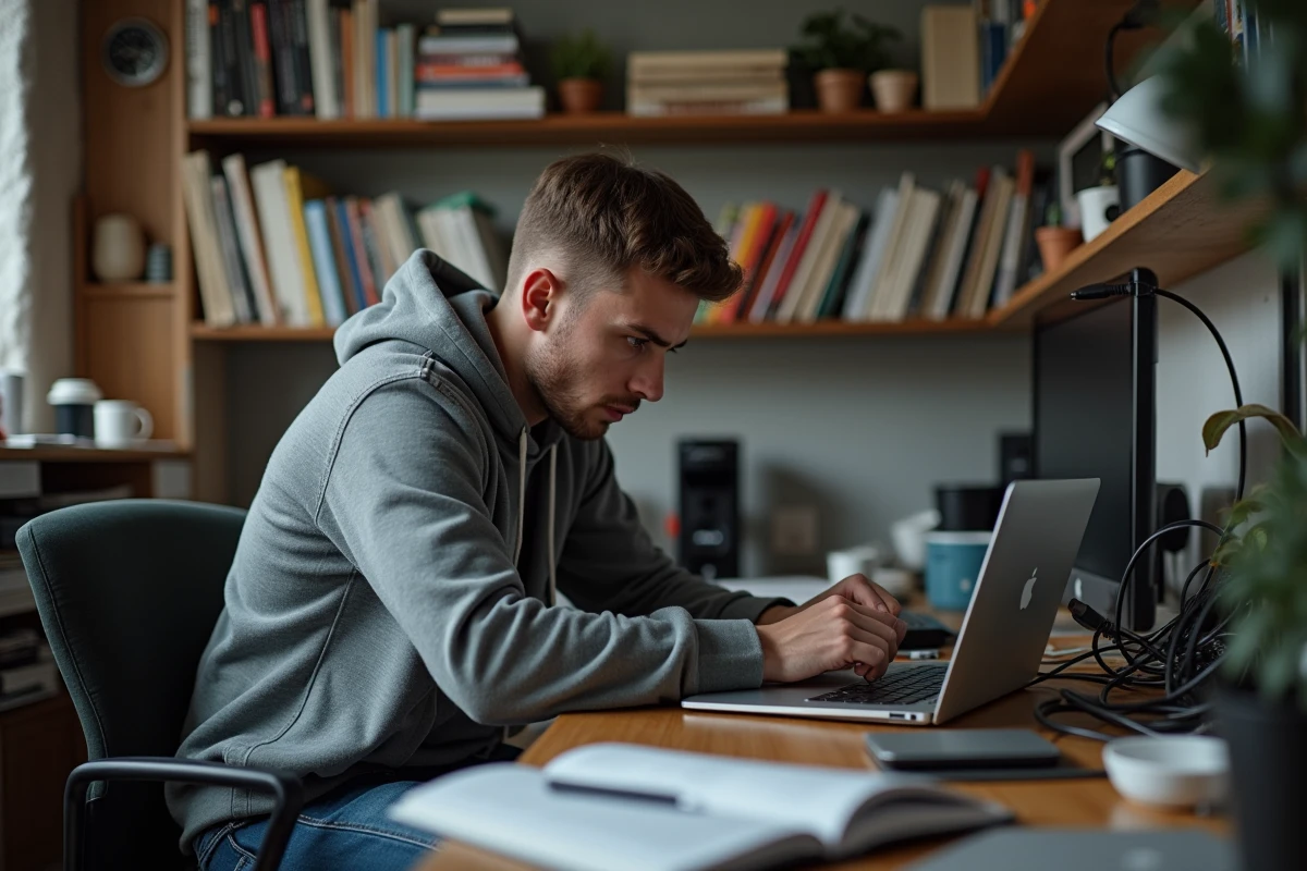 Jeune homme concentré à étudier dans un petit appartement urbain