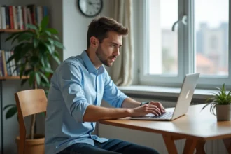 Jeune homme assis à un bureau moderne regardant son ordinateur