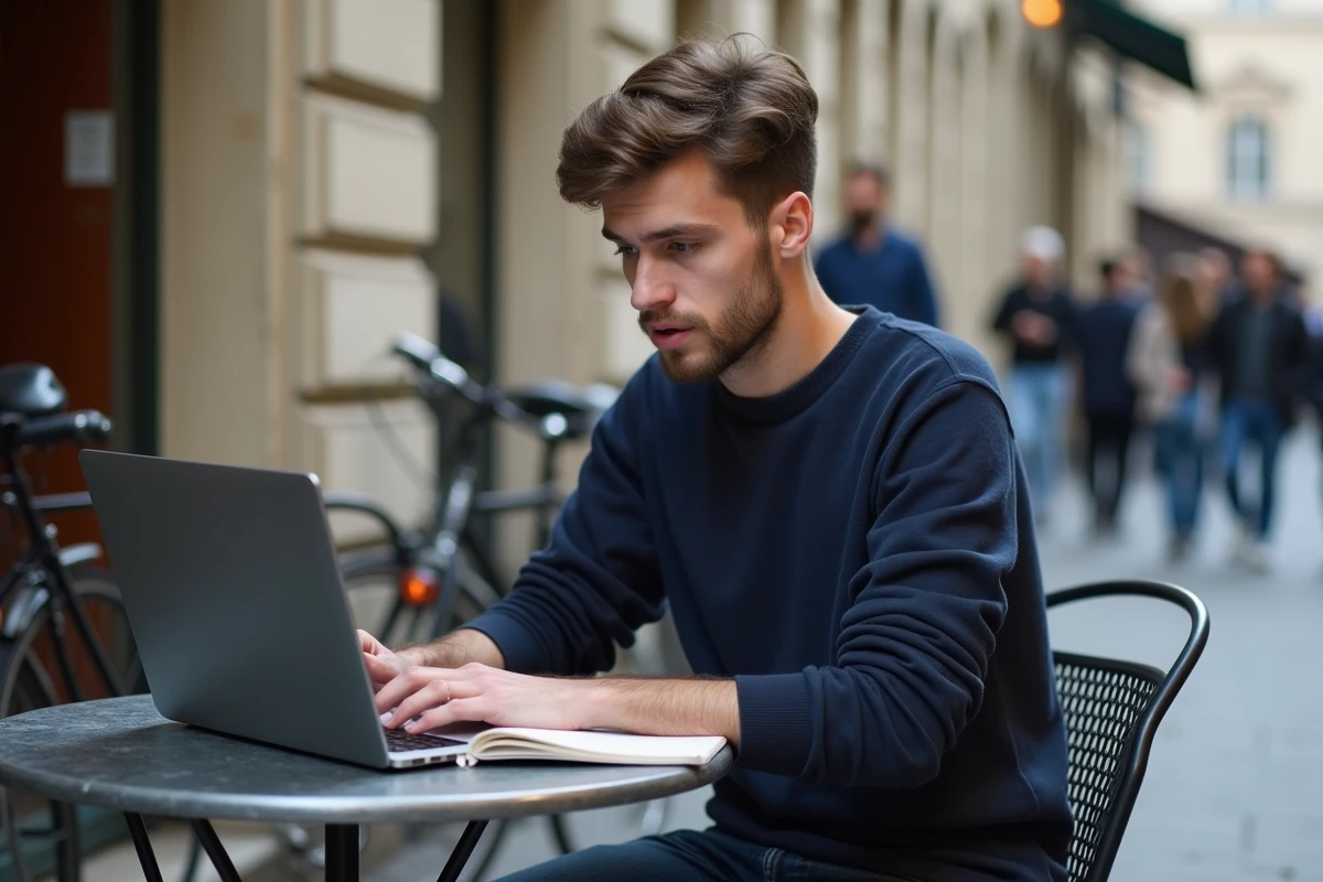 Jeune homme français travaillant sur son ordinateur en terrasse