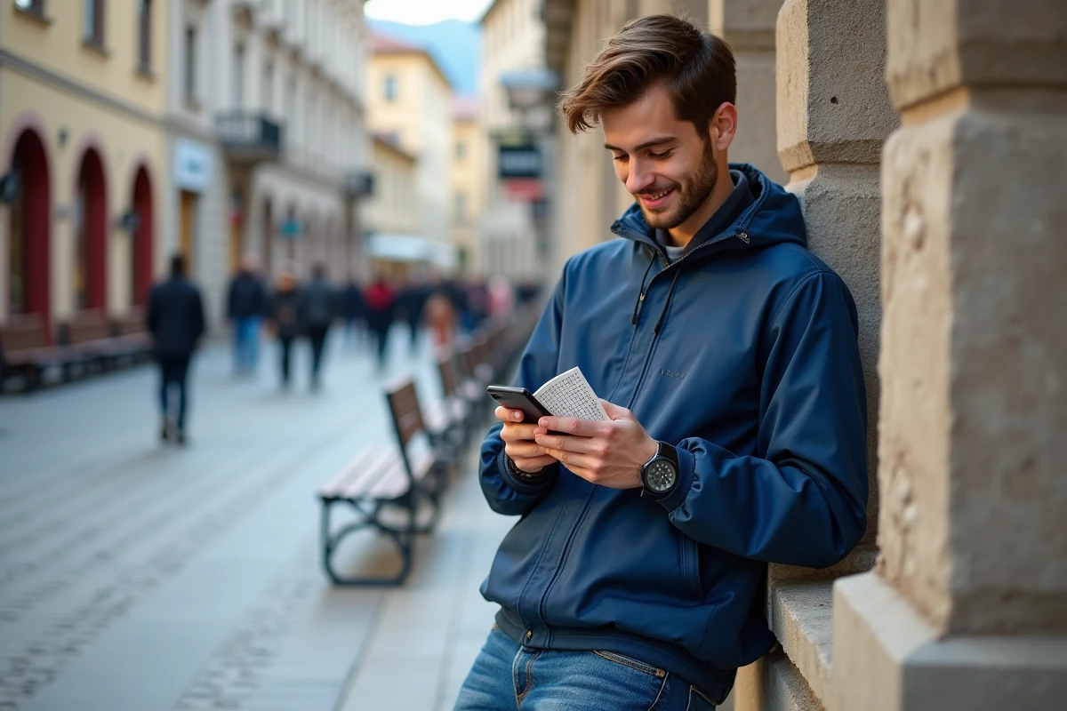 Jeune homme dans une place serbe vérifiant son téléphone