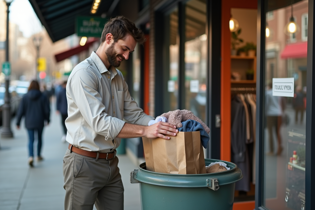Jeune homme déposant un sac de vêtements dans une poubelle extérieure