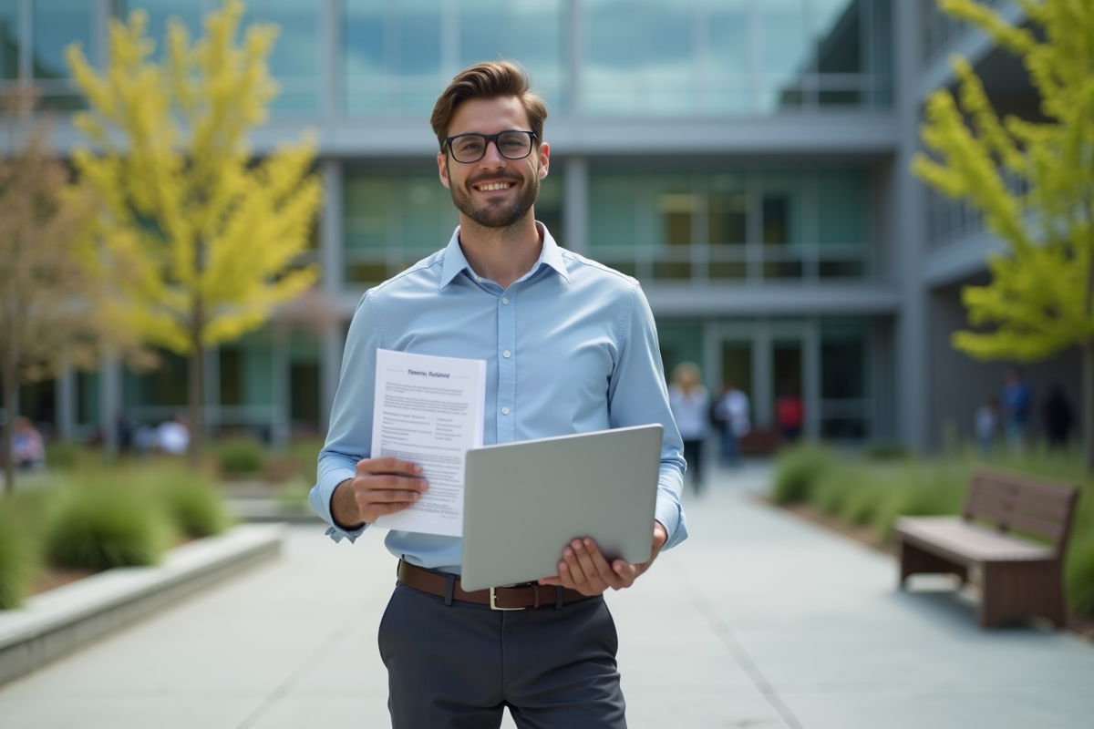 Jeune homme souriant devant la bibliothèque universitaire