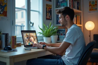 Jeune homme lisant manga Blue Lock sur son ordinateur à la maison