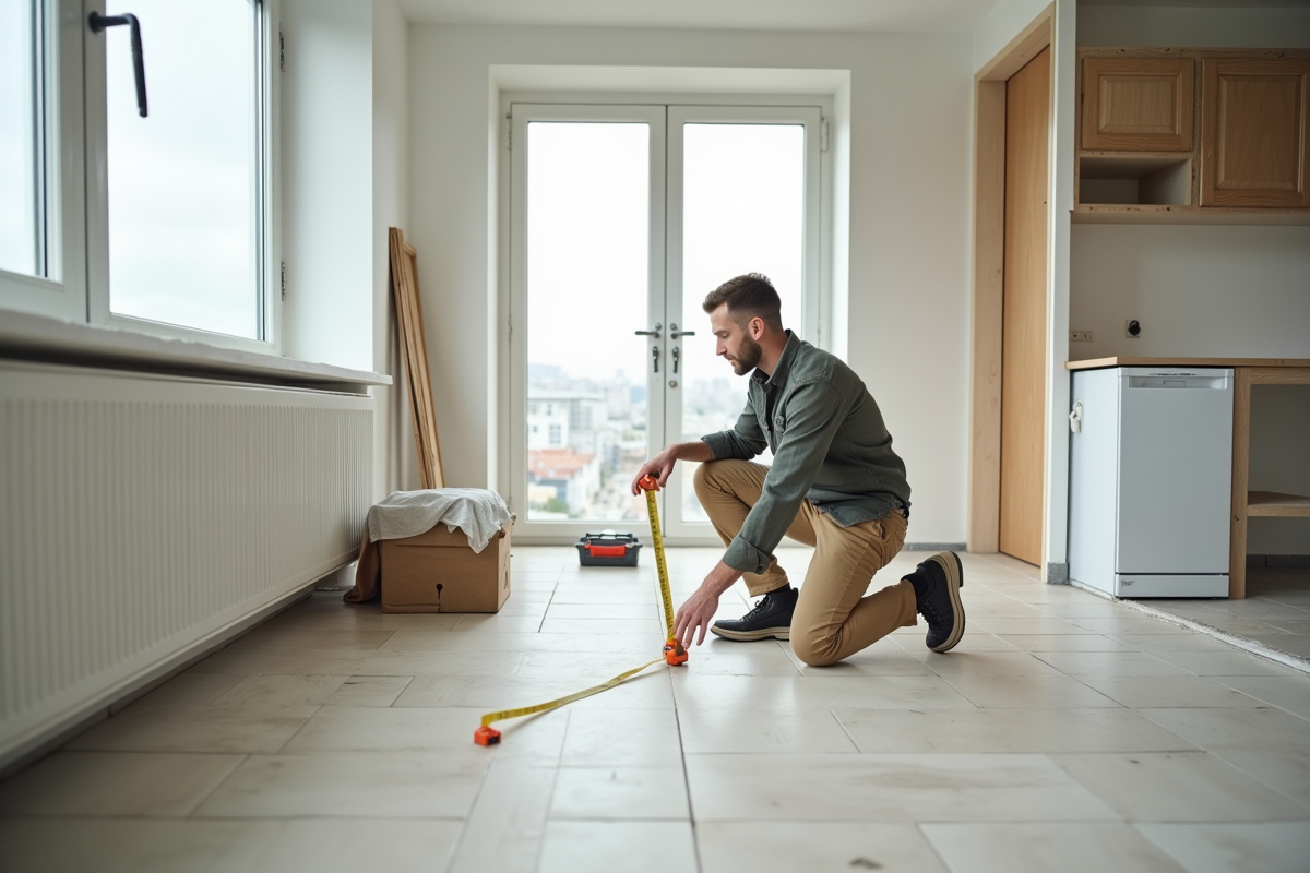 Jeune homme mesurant un sol carrelé dans un appartement lumineux