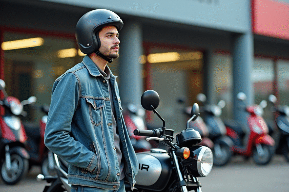 Jeune homme examine une moto 125cc dans un concessionnaire