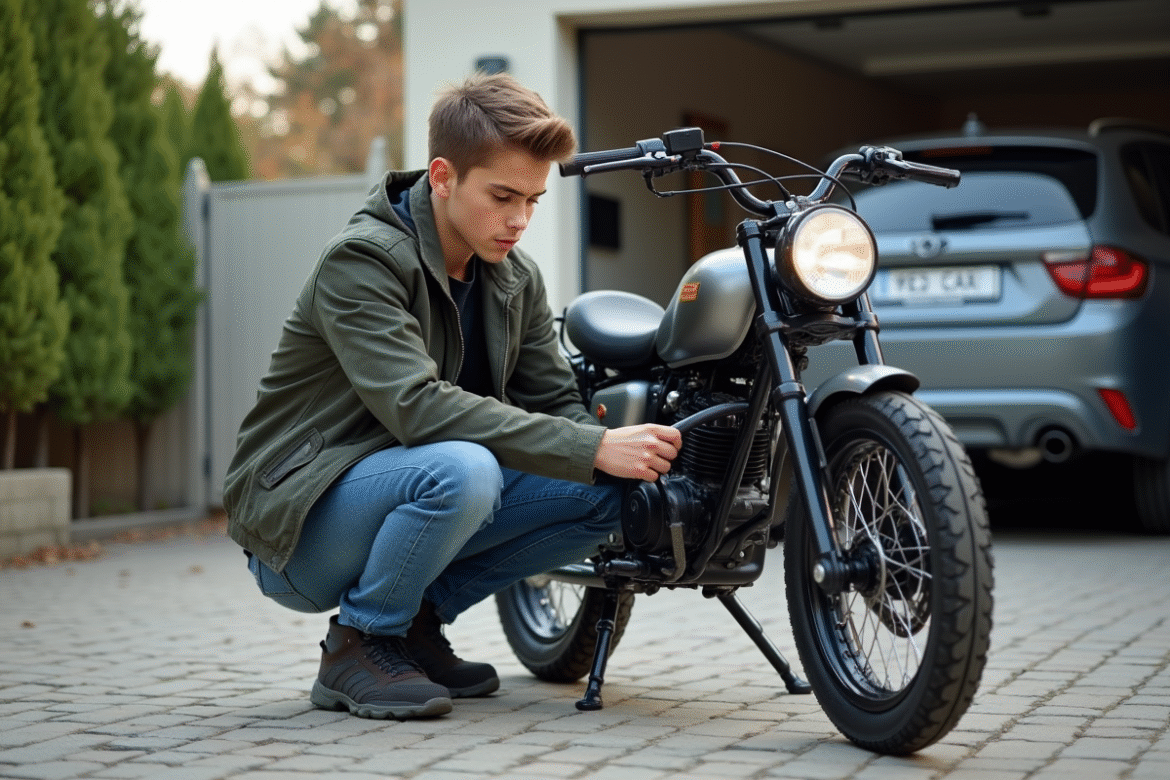 Jeune homme inspectant la chaîne d'une moto 50cc dans la cour