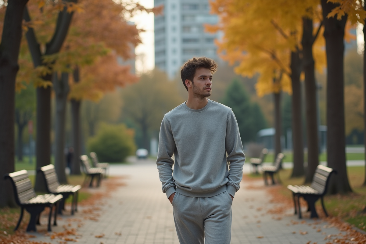 Jeune homme marche seul dans un parc automnal en après-midi