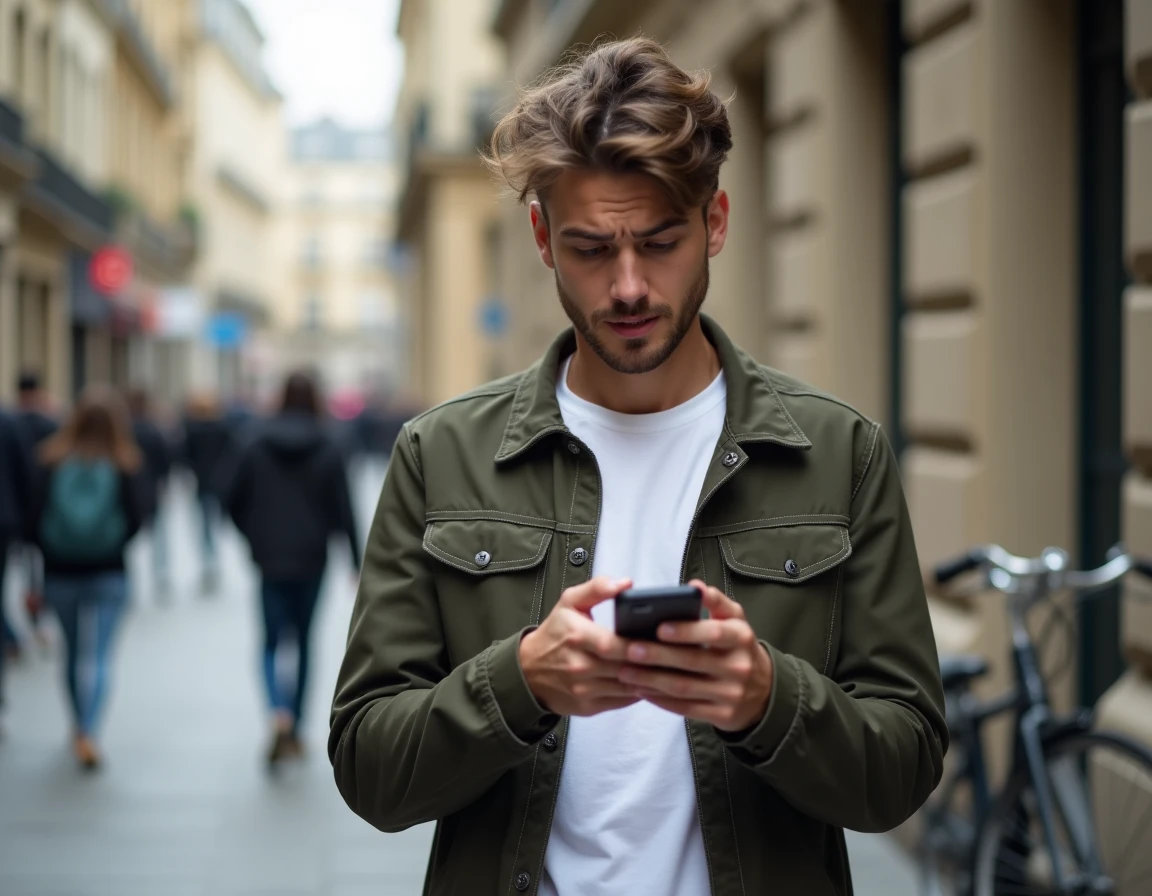 Jeune homme dans la rue vérifiant son téléphone sans réseau dans un contexte urbain français