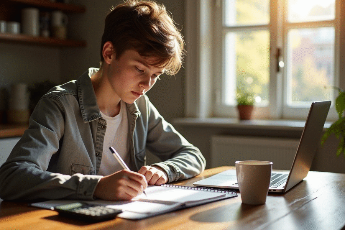Jeune personne écrivant ses dépenses à la maison