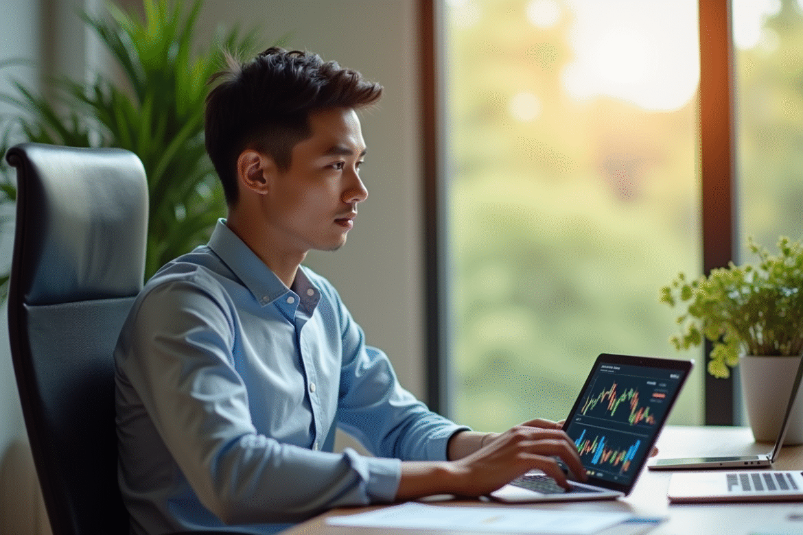 Jeune professionnel utilisant une tablette avec graphiques et données financières