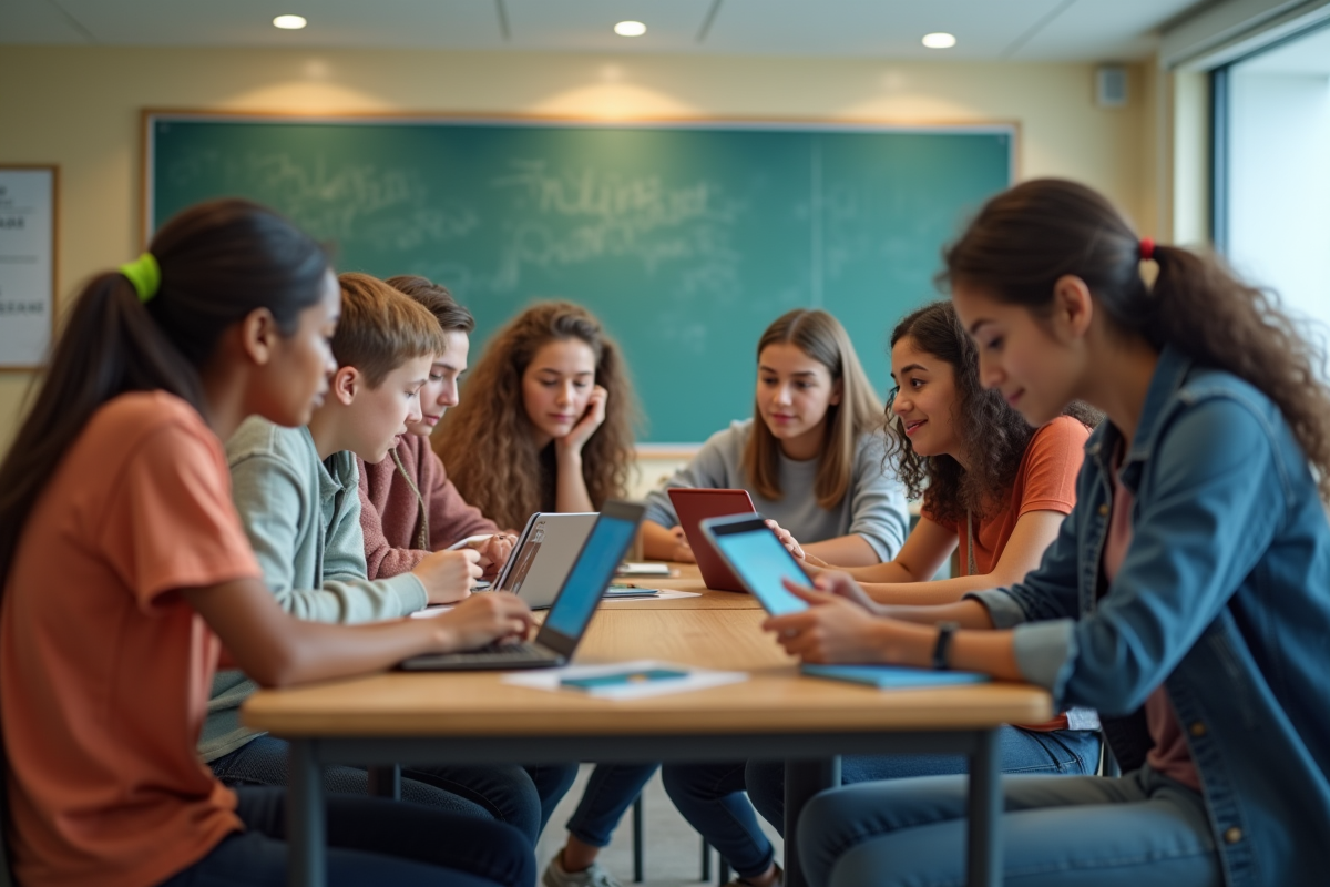 Groupes de jeunes avec table et tablettes en classe moderne