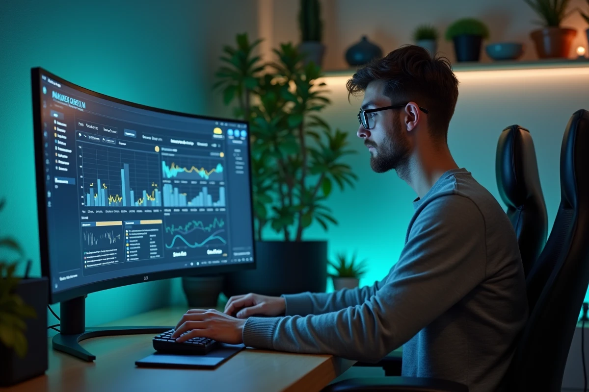 Un jeune homme concentré devant un écran affichant une interface de jeu de gestion de ressources complexe dans un appartement moderne