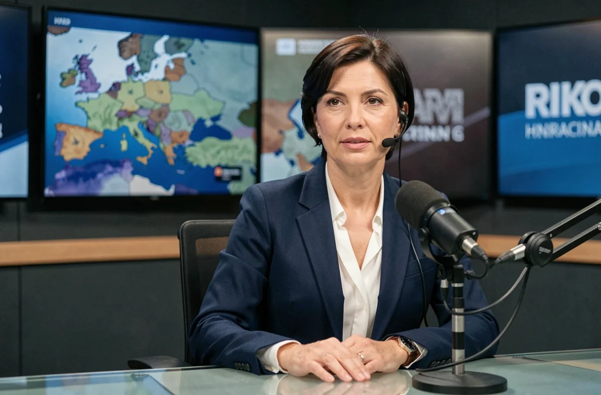 Journaliste professionnelle en plateau de télévision analysant la politique russe et européenne devant des cartes géopolitiques