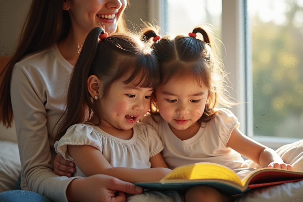 Jeunes jumelles conjointe lisant un livre coloré avec un parent