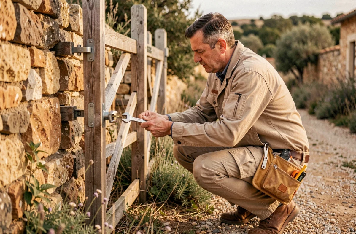 Serrurier Karclef ajustant une serrure multipoints sur un portail en bois d'une propriété rurale dans l'Hérault