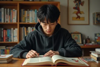 Jeune homme lisant un manga Black Clover dans sa chambre entourée de volumes de bandes dessinées japonaises