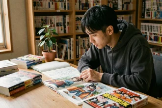 Jeune homme passionné lisant des mangas isekai assis à son bureau encombré de volumes illustrés dans une chambre japonaise